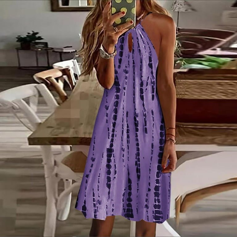 BEEYASO Clearance Summer Dresses for Women Sleeveless Printed Fashion Knee  Length A-Line Halter Dress Purple 4XL 