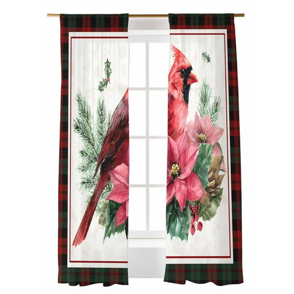 Christmas Cardinal Sheer Curtains 84 Inch Long 2 Panels, Red Bird Poinsettia Leaf Winter Plaid Light Filtering Rod Pocket Semi Sheer Curtains, Sheer Voile Drapes for Living Room Bedroom, 52"x84"