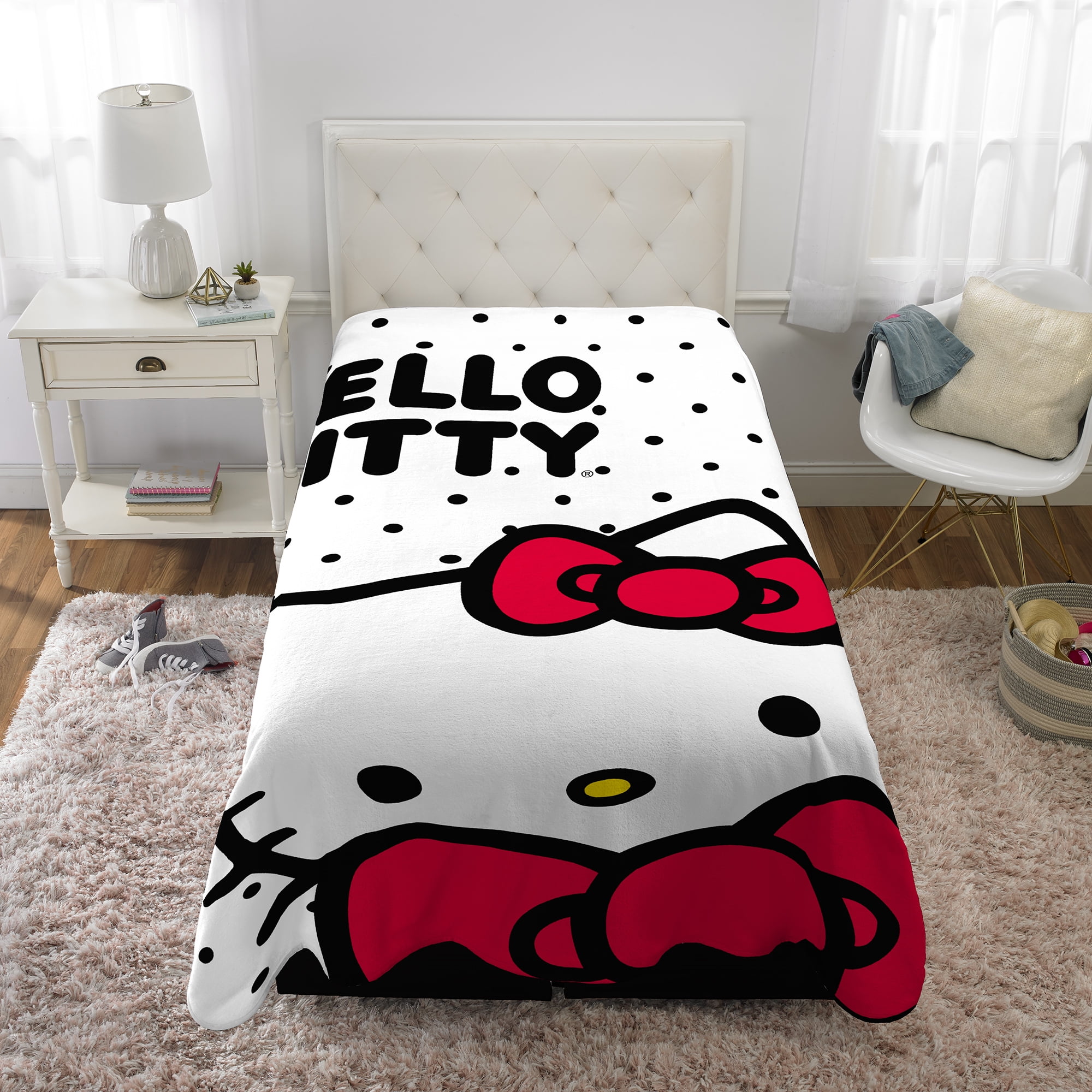 Hello Kitty Kids White Print Fleece Bed Blanket, Twin/Full