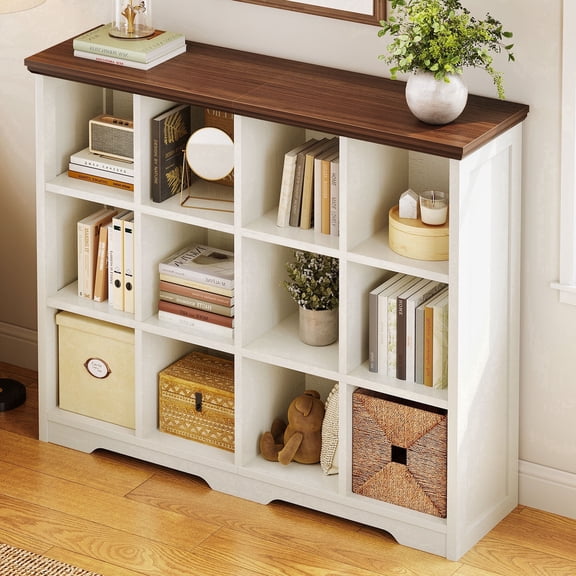 Casacomoda 12 Cube Storage Organizer, Cube Bookcase with Open Storage Shelves, Modern Farmhouse Cube Organizer, Bookshelf for Living Room, Bedroom, Walnut & White
