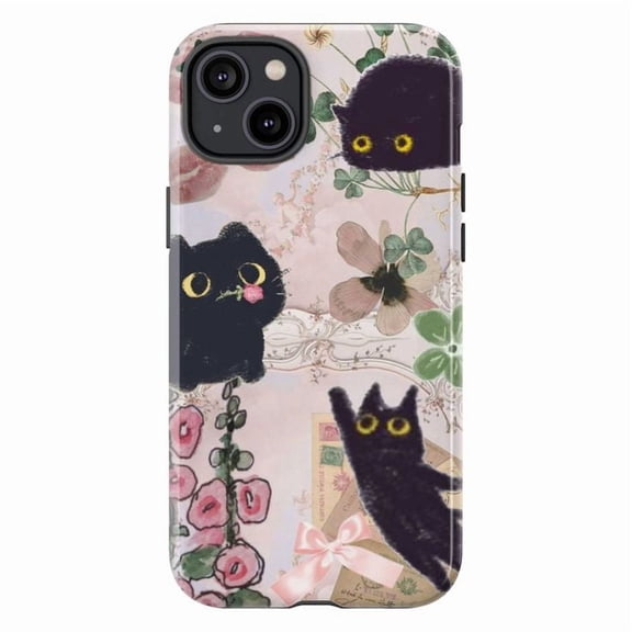 Whimsical Black Cat & Floral Collage Phone Case, Pastel Abstract Art Cover for iPhone 17 16 15 14 13 12 11 Pro Plus Mini