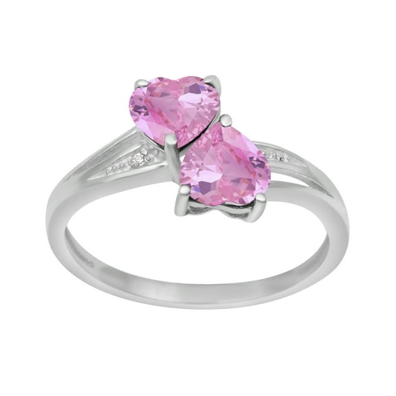 925 Sterling Silver 6MM Heart Shape Pink CZ Two Stone Heart Women Valentines Day Gifts Ring