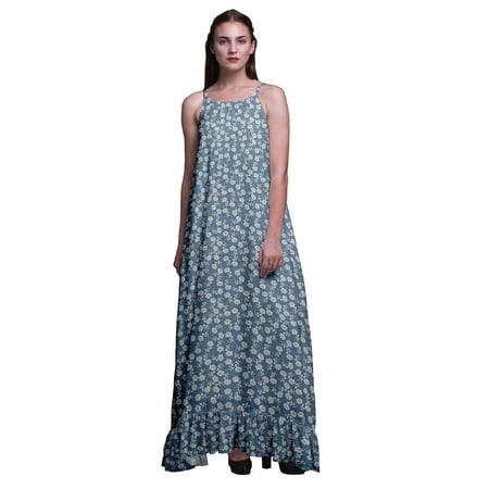 

Bimba Dusty Blue Artistic Leaves & Floral Nightwear For Women Printed Nightgown Spaghetti Strap Maxi Dress Sleepwear Medium