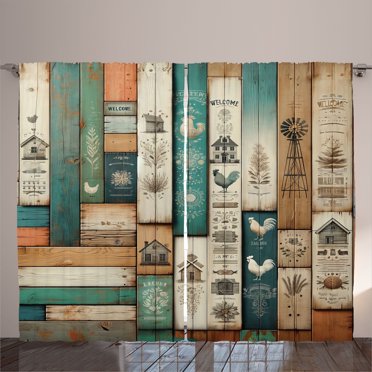 Ambesonne Farmhouse Curtains 2 Panel Set, Rustic Wooden Planks Art, 108" x 63", Turquoise Camel and Eggshell