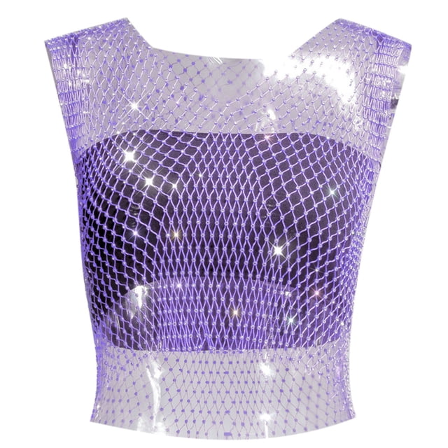 Chaleco de manga corta de red brillante para mujer: red de pesca con pedrería, sexy/casual, para todas las estaciones, talla real.