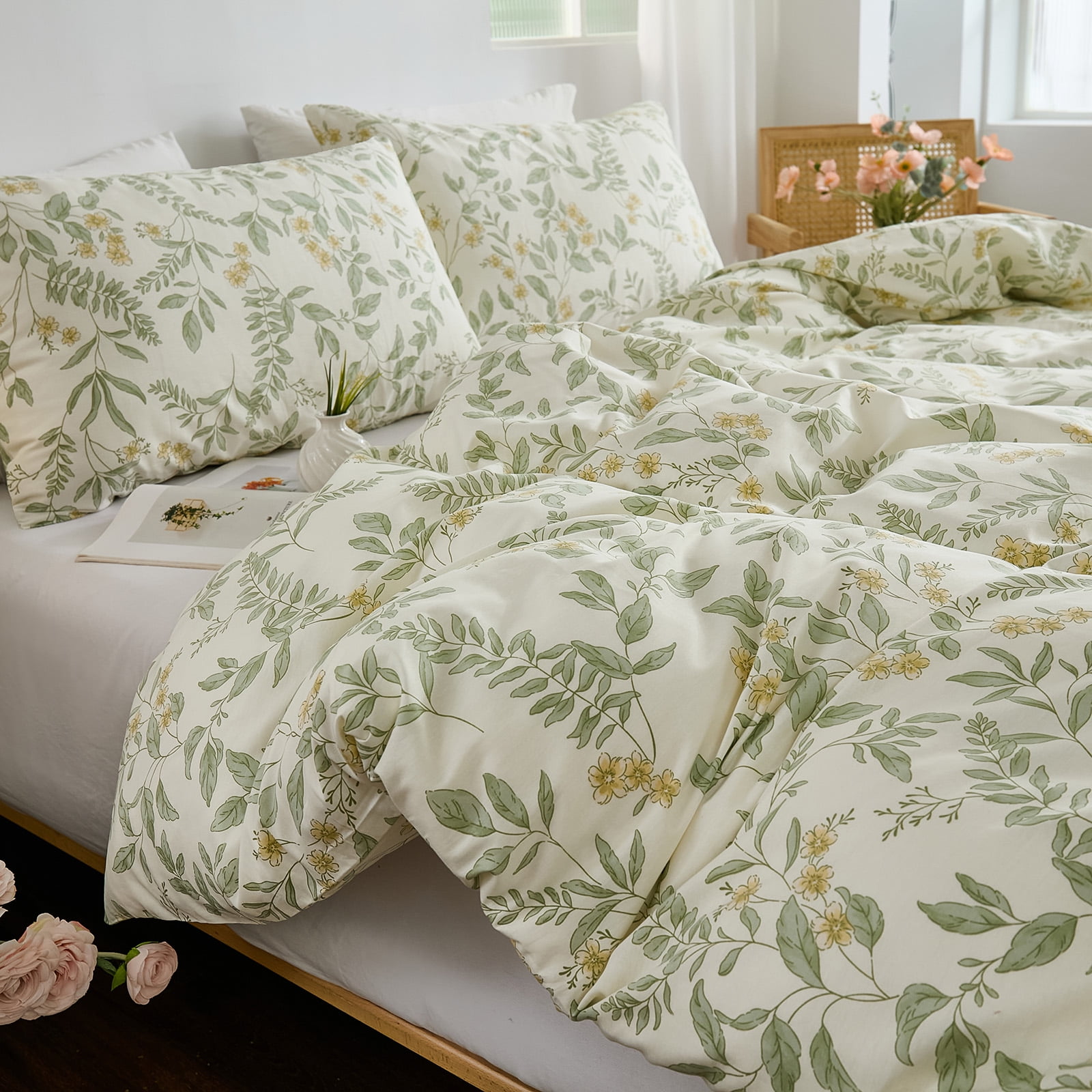 100% Nature Cotton Duvet Cover Vintage Reversible Green and Yellow Floral Garden Style Comforter Cover with Zipper Closure, 3 Pieces Soft & Breathable Green Bedding Set