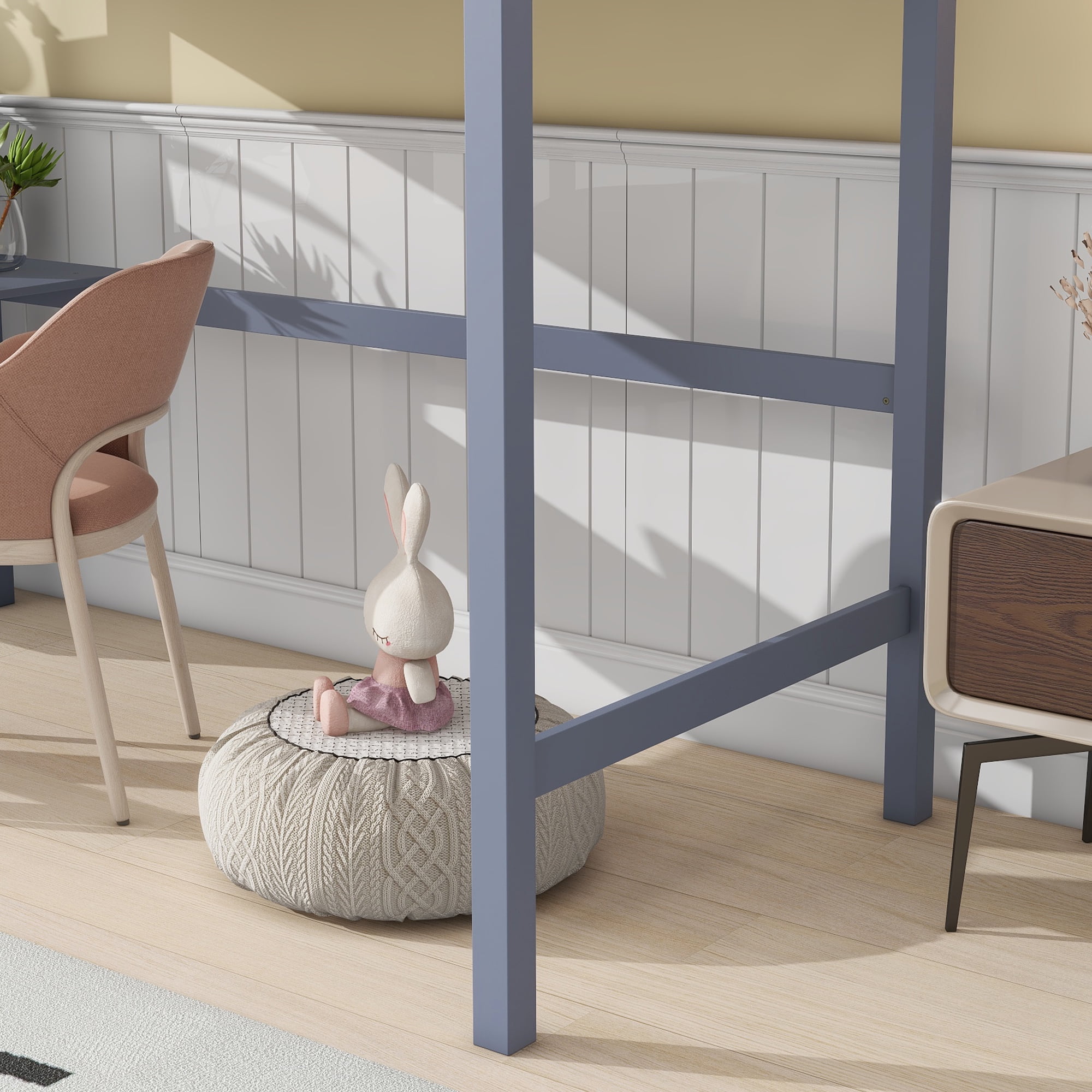 Miniyam Twin Loft Bed with Desk and Ladder, Rubber Wood Kids Bed with Guardrails, Gray