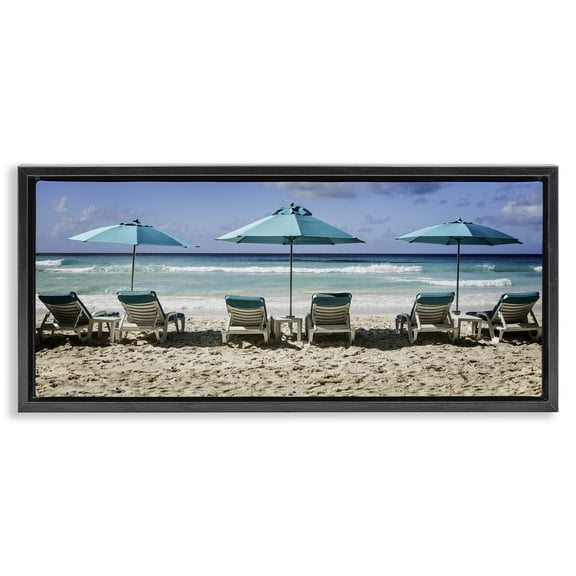 Stupell Industries Lined Up Beach Chairs Landscape & Nature Photography Black Floater Framed Canvas Art Print Wall Art, 25 x 11