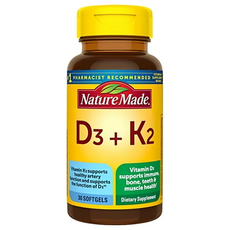 Nature Made Vitamin D3 K2, 5000 IU (125 mcg) Vitamin D, Dietary Supplement for Bone, Teeth, Muscle and Immune Health Support, 30 Softgels, 30 Day Supply