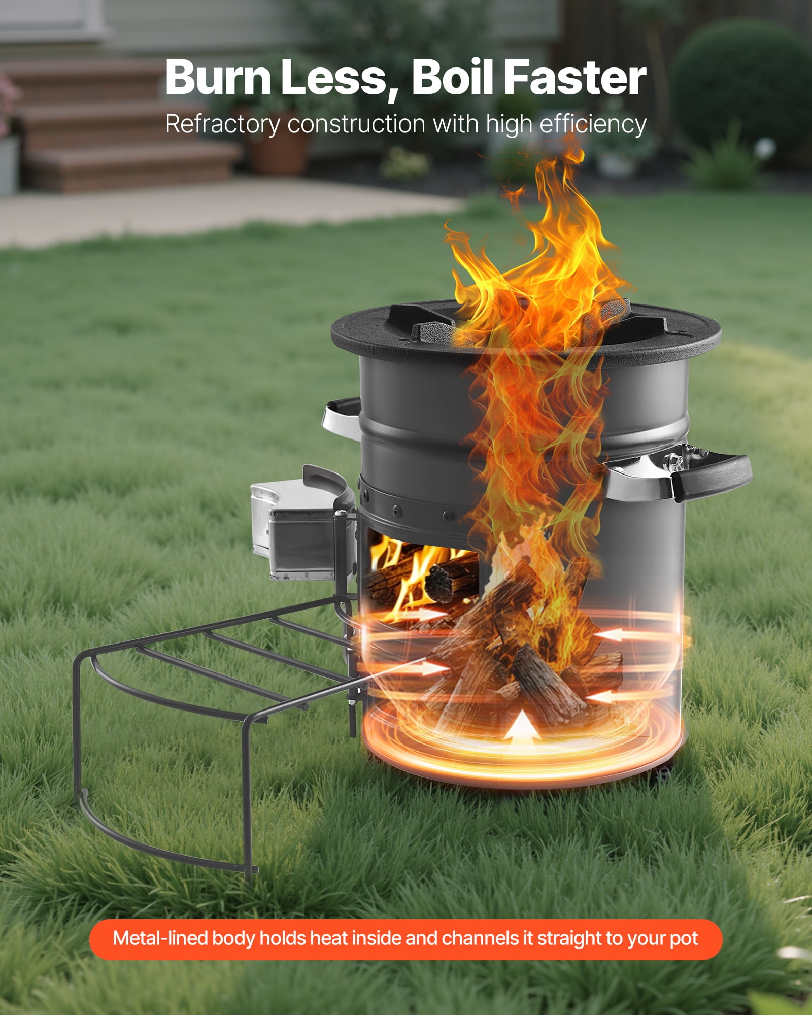 VEVOR Camping Rocket Stove, Wood Burning Portable Rocket Stove with Carrying Bag for Backpacking, SPCC Steel, Double Door, Burn Twigs, Sticks or Charcoals for Outdoor Cooking, Backyard, Camp Cooking