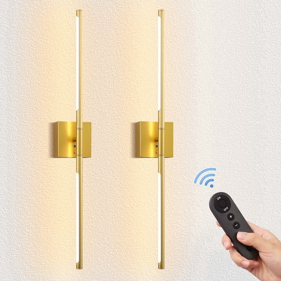 YANSUN 2-Light Gold Dimmable LED Wall Sconce with Remote Control, Wireless Installation, usb Charging, for Living Room, Bedroom, Hallway(2-Pack)