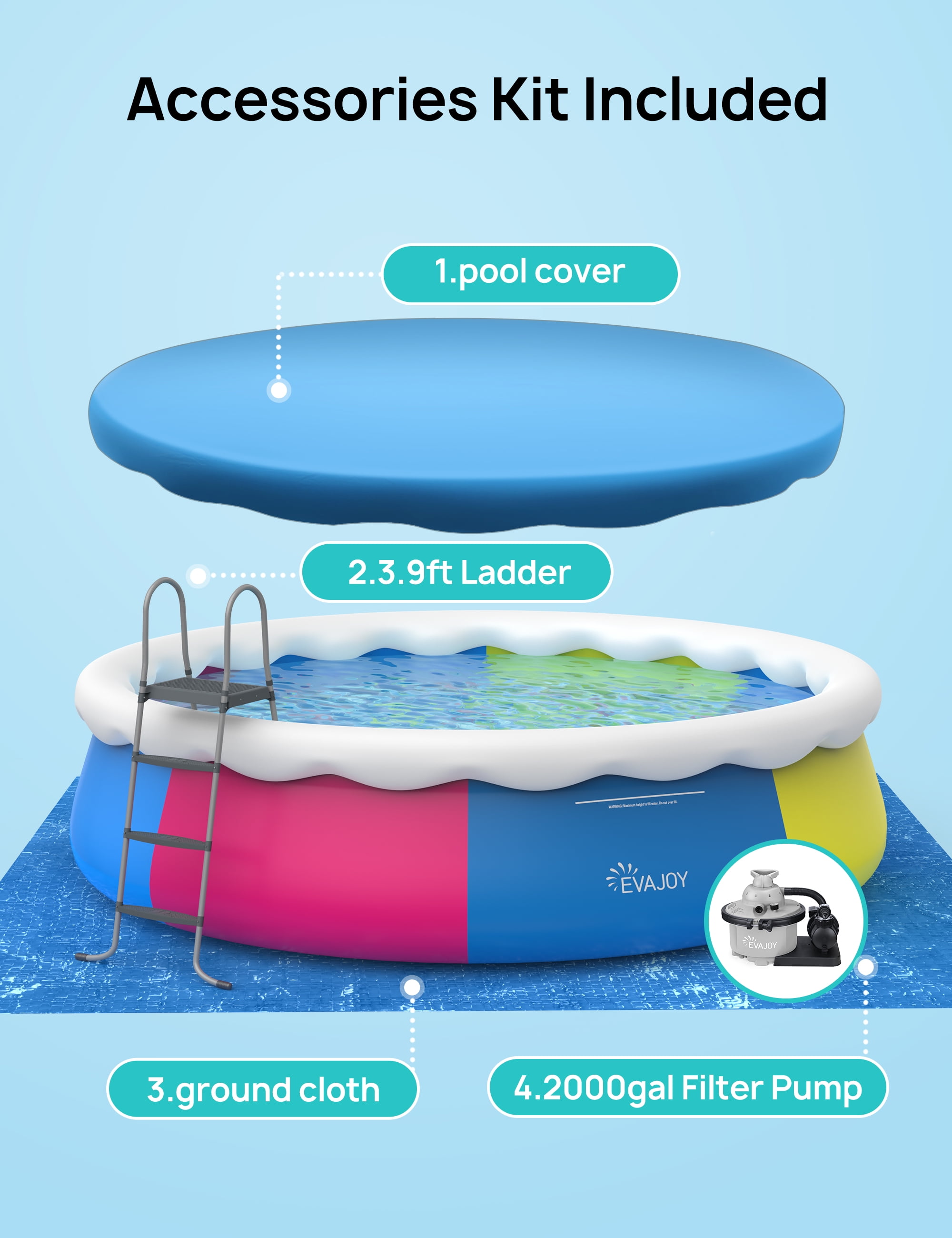 EVAJOY 18ft *48in Above Ground Pool with Filter Pump, Ladder, Ground Cloth and Cover, Easy Setup Inflatable Top Ring Swimming Pool for Adults Backyard Garden Party