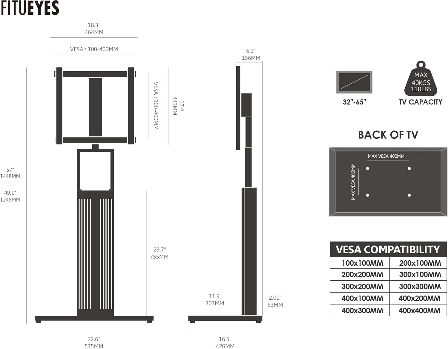 FITUEYES Zen Series Floor TV Stand for 32–65 Inch TVs, White & Light Wood, Hidden Storage