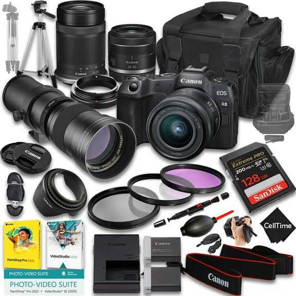 Canon EOS R8 Mirrorless Camera with RF 24-50mm f/4.5-6.3 IS STM And 55-210mm f/5-7.1 IS STM & 420-800mm f/8 Lens   128 GB Memory   Extra Battery   Camera Case   More (25pc Bundle)