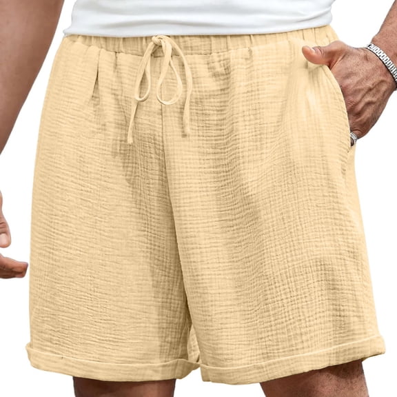 BRGZLK Men's Cotton Shorts Summer Casual Comfy Beach Shorts Solid Color Loose Elastic Drawstring with Pockets