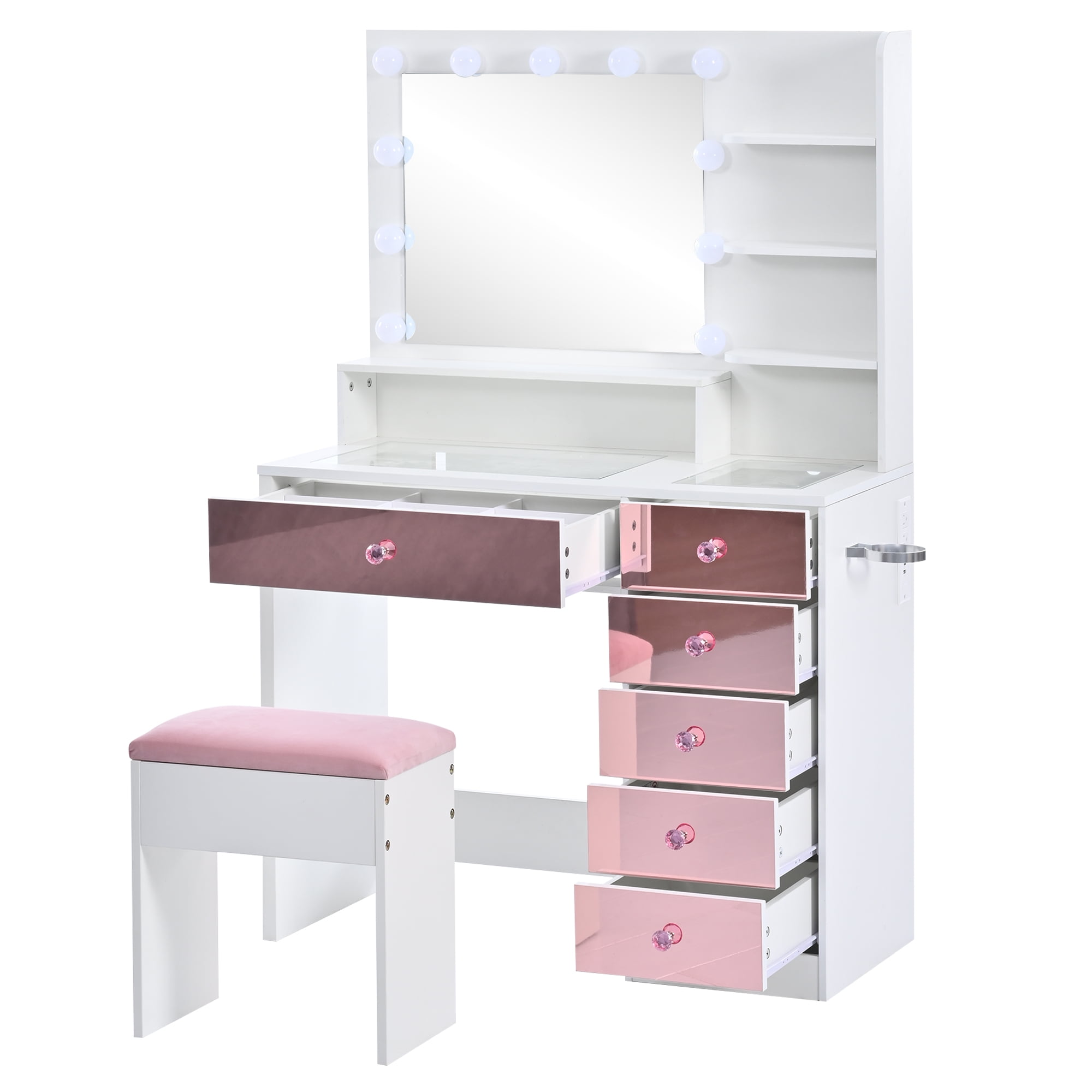 Makeup Vanity, Vanity Desk with Lights, Hollywood Vanity with 11 LED Bulbs 3 Color Modes White and Pink Glass Top 6 Drawers Open Shelves Includes Cushioned Stool, White and Pink