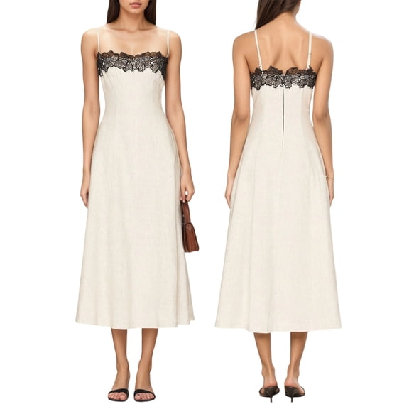Women' Long Slip Dress Thin Camisole Maxi Robe over Knee Length Cream White S