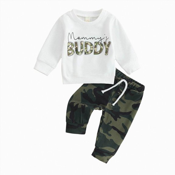 HCNTES Toddler Baby Boy Clothes Camo Pant Set Infant Fall Winter Outfit Little Kid Boy Trucksuit Long Sleeve Letter Sweatshirt and Camouflage Jogger Pants 2Pcs