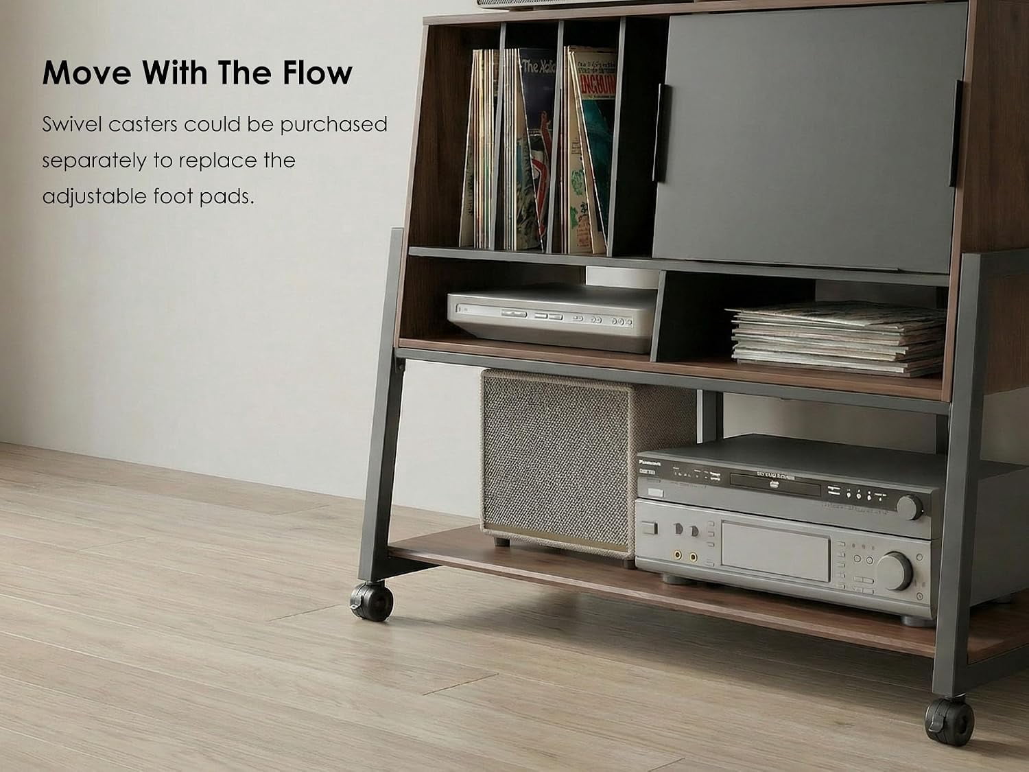FITUEYES Large Record Player Stand with Vinyl Storage, Audio Component Cabinet, Dark Wood