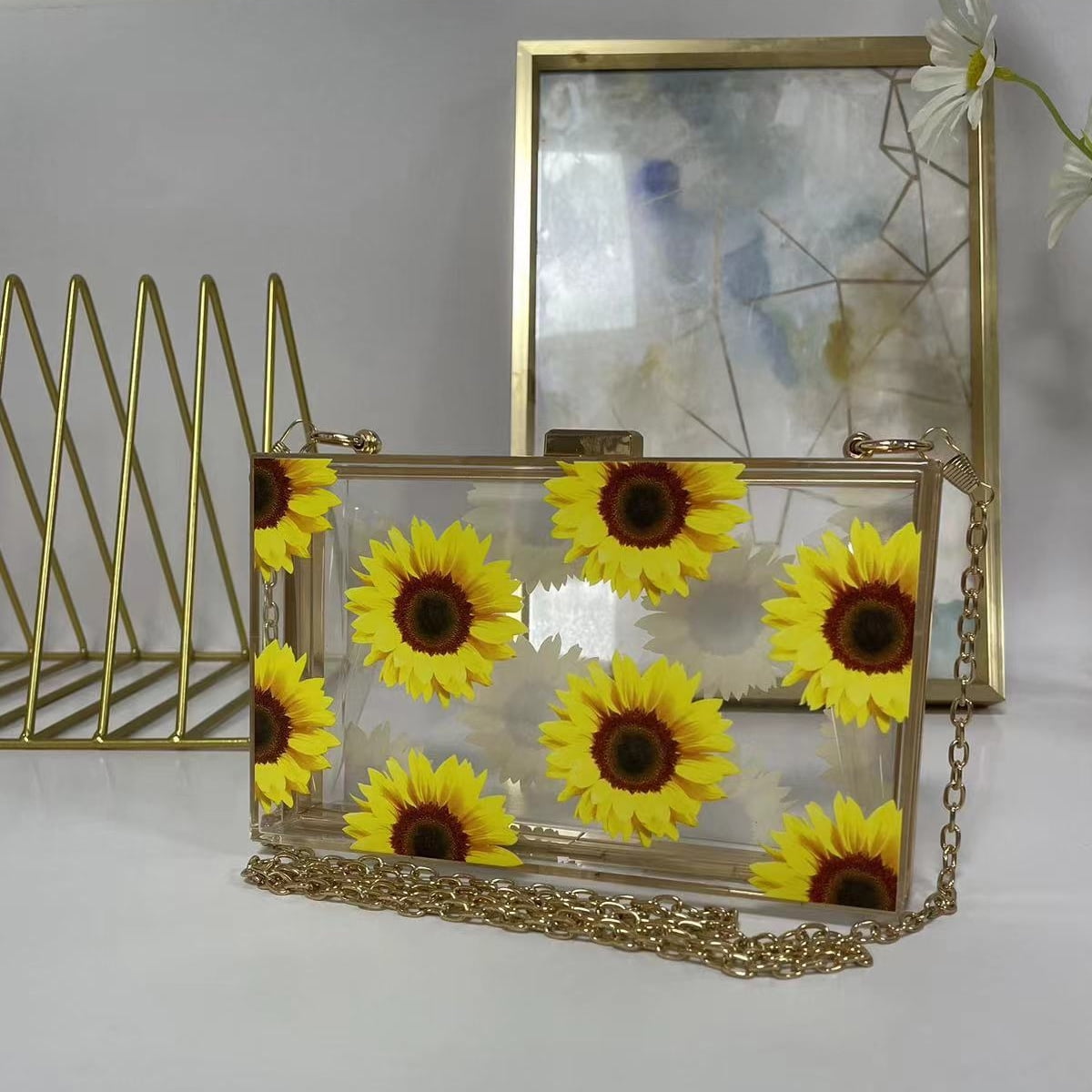Women Clear Purse Acrylic Clear Clutch Bag, Shoulder Handbag With Removable Gold Chain Strap - White