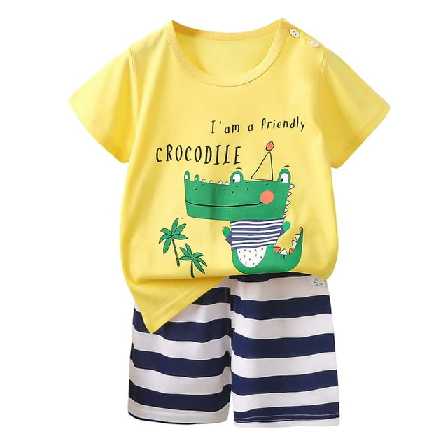 MIASHUI Boys Summer Clothes Kids Crew Neck Short Sleeve Tee Top Shorts Sets,Yellow,6-12 Months