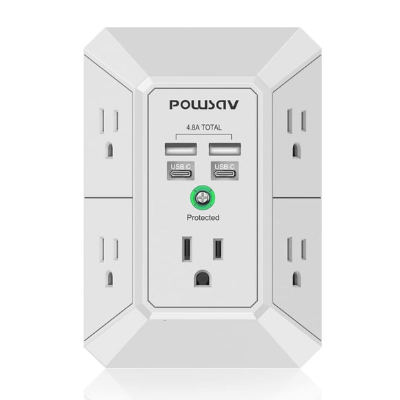 Power Strip POWSAV de 5 salidas con 4 puertos USB, protector contra sobretensiones