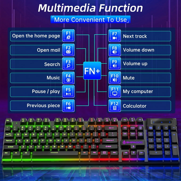 BAKTH GAMING Keyboard and Mouse Set, LED Backlight QWERTY US Layout, Rainbow Colours Backlit USB Waterproof Keyboard and Mouse with 2400DPI for Pro PC Gamer Gamer