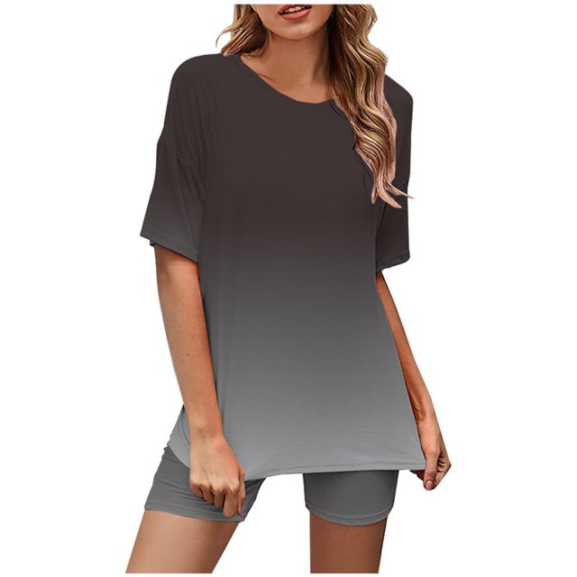 DEELLEEO Liquidation d'Économies du Printemps à Moins de 10,00 Ensembles 2 Pcs pour Femmes pour l'Été Mode Femme Blouse à Col Rond Hauts à Manches Courtes Shorts Ensembles de Tenue Décontractée
