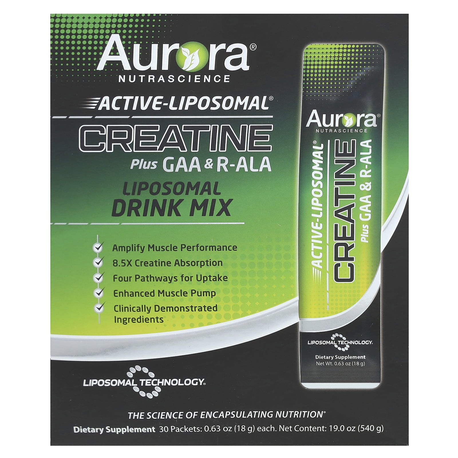 Aurora Nutrascience Active Liposomal®, Creatine Plus GAA & R-ALA, 30 Packets, 0.63 oz (18 g) Each