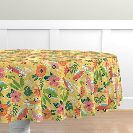

Cotton Sateen Tablecloth 90 Round - Holiday Tropical Car Hibiscus Floral Cars Print Custom Table Linens by Spoonflower