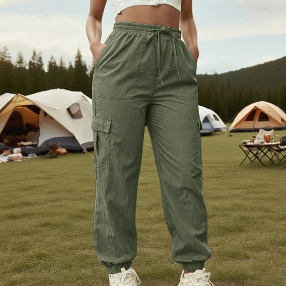 CQONEPT Womens Cargo Pants Hiking Camping Casual Pants with Multi Pockets Drawstring Elastic Waisted Sports Running Trousers Green L