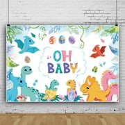 SUNOLIFE Oh Baby Backdrop Banner Dinosaur Baby Shower Photo Background Banner 10x8ft