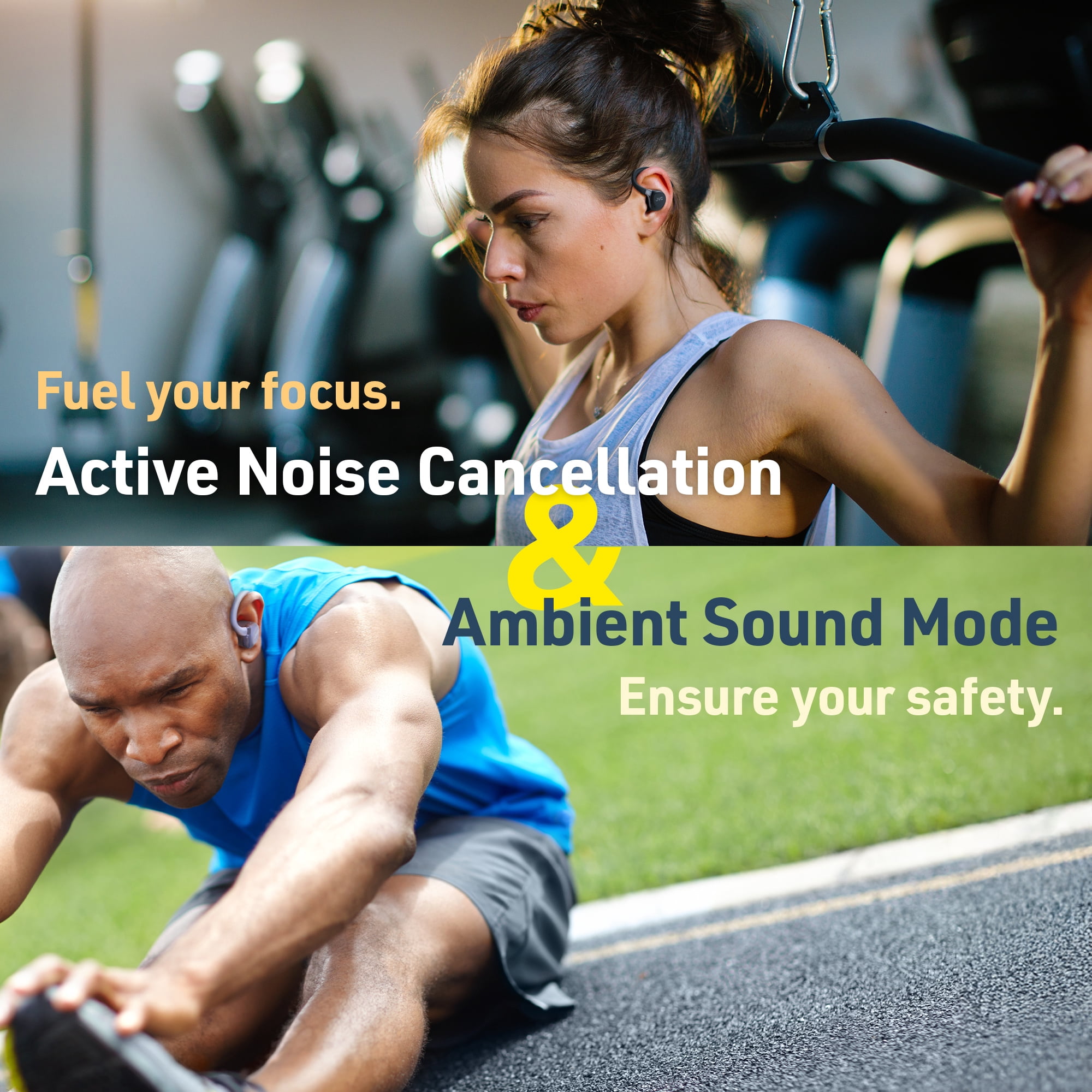 JVC Fitness Series True Wireless Sport Earbuds with Adjustable Hooks, Active Noise Cancelling, Ambient Sound Mode, IP57 Waterproof, 40hr Long Battery Life, App EQ, Low Latency, Mic