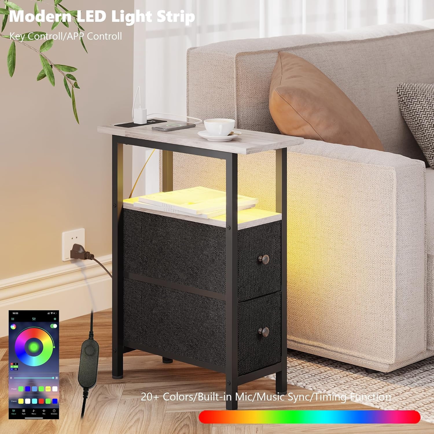 End Table Set 2 with Charging Station, Narrow Side Table with 2 Fabric Drawers, Skinny Nightstand with LED Light, Slim Bedside Table for Bedroom, Living Room, Small Spaces, Greige and Black