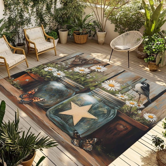 Fsddascl Country Floral Outdoor Rug for Patio/Deck/Porch, Non-Slip Large Area Rug 4 x 6 Ft, Western Texas Stars Butterfly Barn Door Indoor Outdoor Rugs Washable Area Rugs, Camping Rug Carpet