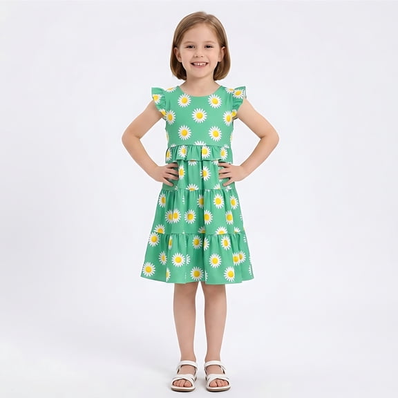 NIPAXO Girls Dress Summer Green Daisy Floral Print Sleeveless Tiered Ruffle Flutter Casual Sundress for Toddler Kids