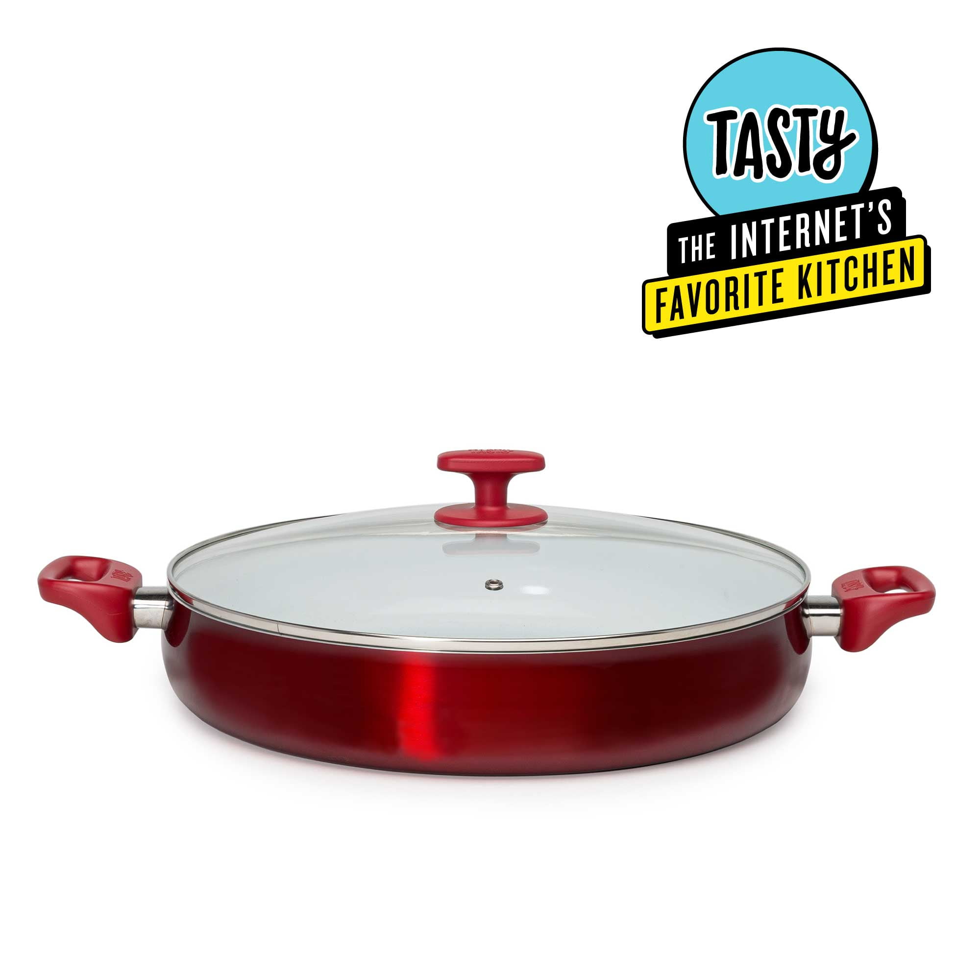 Tasty Ceramic Titanium-Reinforced Non-Stick Centerpiece Pan with Glass Lid, Red, 14"