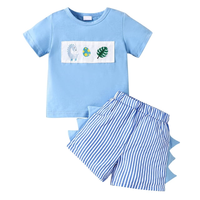 Odeerbi 6M-4Y Niños Niñas Conjunto de Verano Estampado de Dinosaurios Camiseta de Manga Corta de Algodón Pantalones Cortos A Rayas Conjunto de Dos Piezas Cintura Elástica
