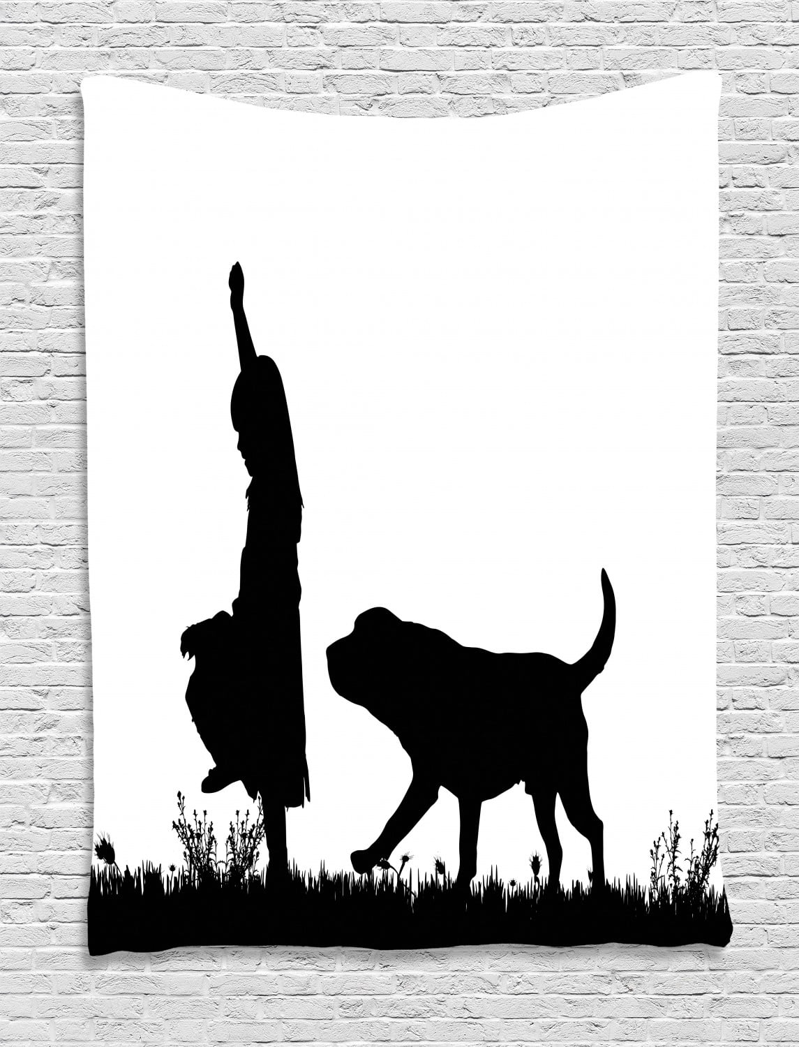 Labrador Tapestry, Silhouette of Little Girl with Dog Walking in the