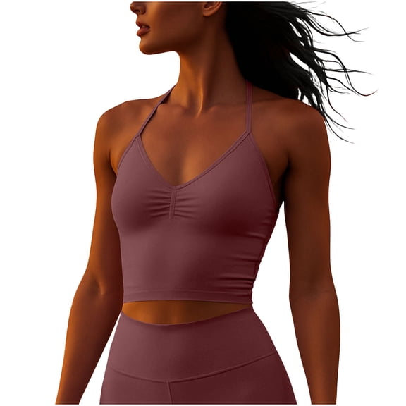 Ruched Tank Tops for Women Women's Running Sports Fitness Tank Tops Strap Neck Backless Yoga V-Neck Cami Padded Cropped Workout Tank Tops Brown XS