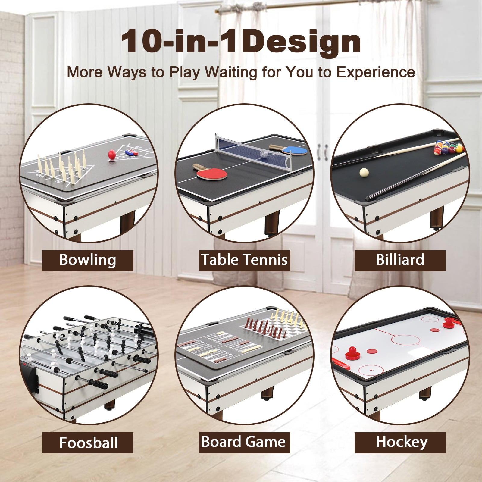 2x4ft 10-in-1 Combo Game Table Set for Home, Game Room, Friends & Family w/Hockey, Foosball, Pool, Shuffleboard, Ping Pong, Chess, Checkers, Bowling, and Backgammon
