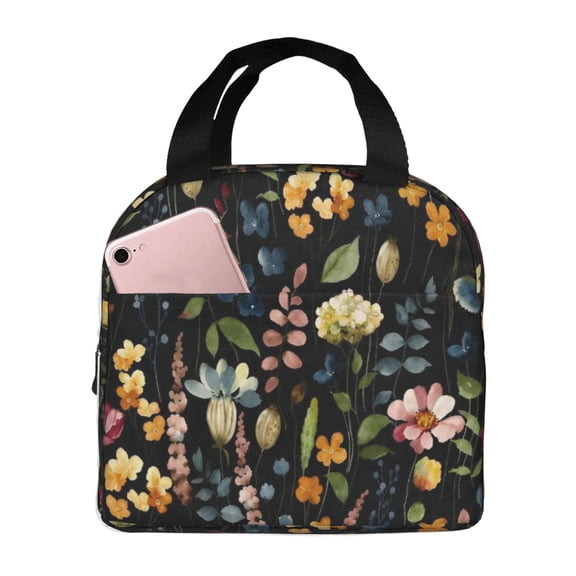 Dark Floral Lunch Bag Reusable Thermal Lunch Box with Handle for Women and Men