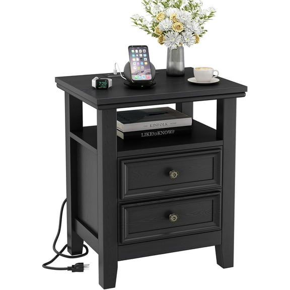 BLANKSPACE Black Nightstand with Charging Station,Bedside End Table with 2 Drawers and Open Shelf for Bedroom, Sofa Side Cabinet for Living Room