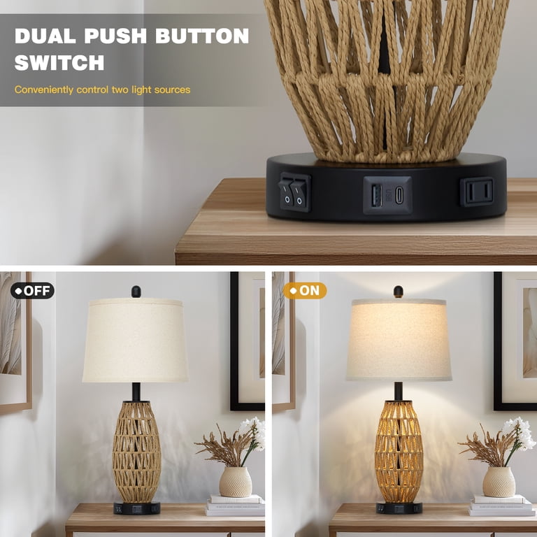 Cinkeda 27-Inch Rattan Table Lamp Set of 2 with USB Charging Ports photo 2