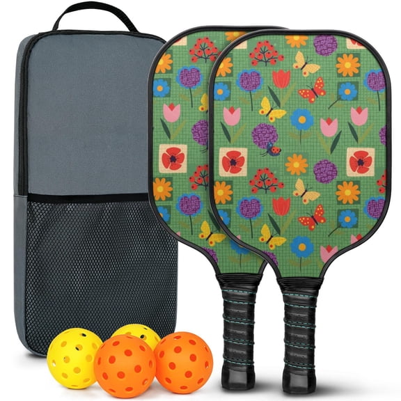 Pickleball Paddles Set,Pioneer Flower Floral Print Pattern Fiberglass Surface Pickleball Racket Set with 2 Indoor Outdoor Pickleball Balls and Pickleball Bag,Pickle-ball Equipment