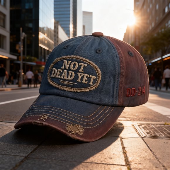 Veterans Casual Baseball Cap with NOT DEAD YET Patch, Vintage Distressed Hat for Everyday Wear, Military Humor Apparel