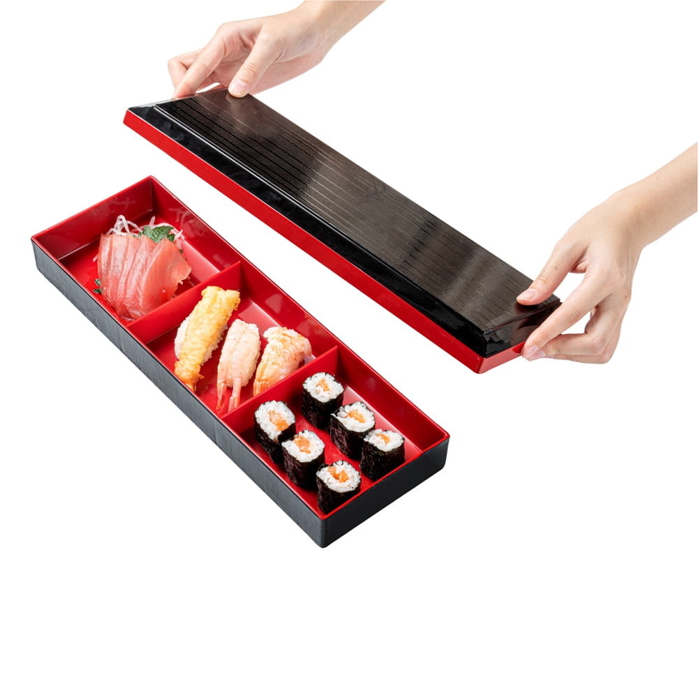 Bento Tek Rectangle Black and Red Large Japanese Style Bento Box - 6 Compartments, with Bowl - 12 1/4 inch x 9 3/4 inch x 2 1/4 inch - 1 Count Box