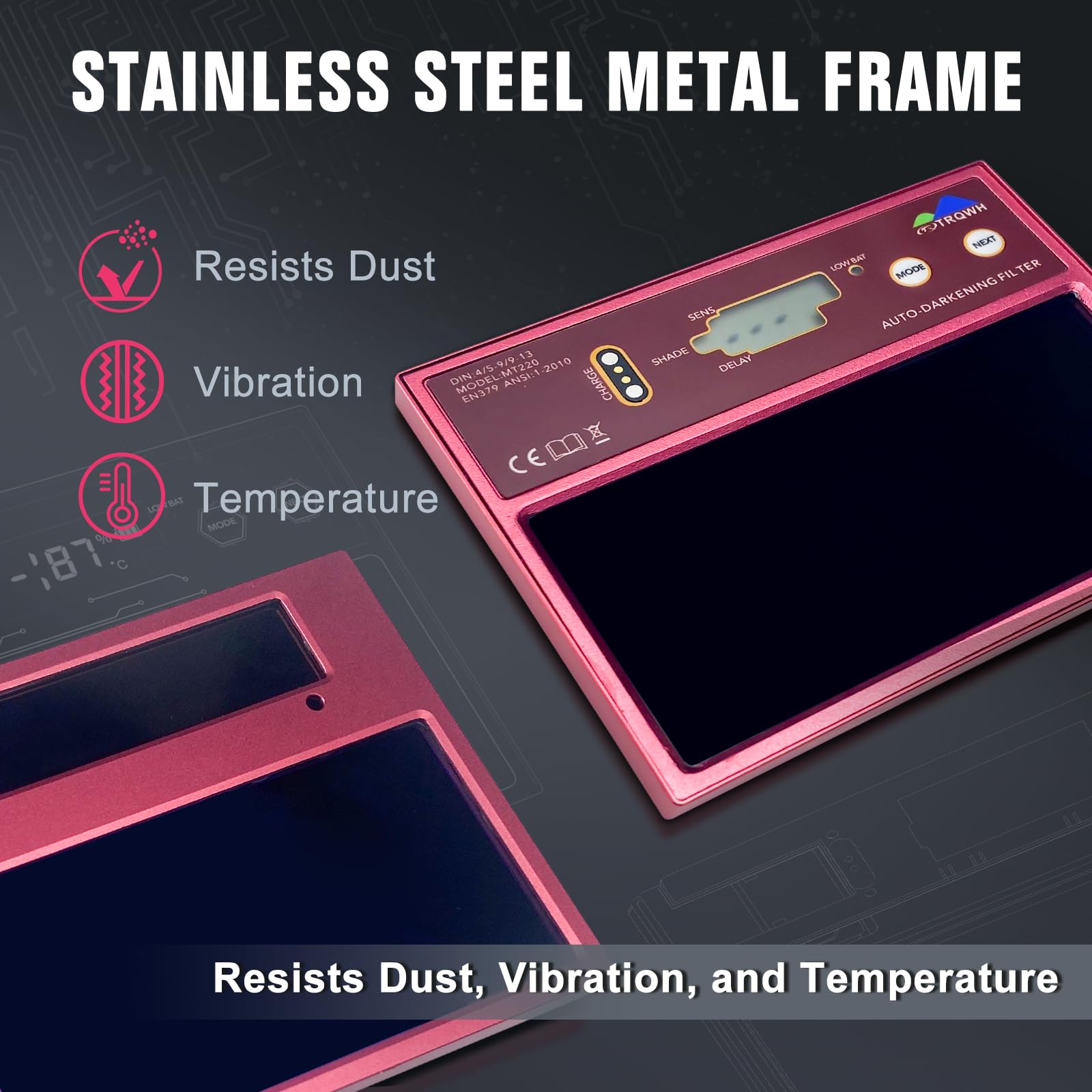 TRQWH Digital Display Metal Auto Darkening Welding Lens 4.33x3.54in True Color Technology Welding Helmet Lens Adjustable Shade Range 4/5-13 HD Automatic Welding Lens for Welding Hood Parts, Rose