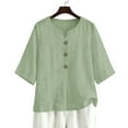 thumbnail image 6 of Womens Cotton Linen Tops, 3/4 Sleeve Shirts for Women Summer Casual Lightweight Solid Color Notch V Neck Dressy Blouses with Buttons, 6 of 6
