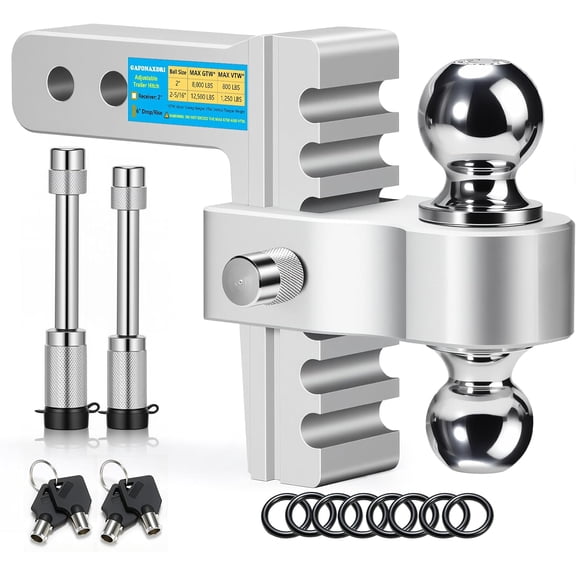 HRT Aircraft Aluminum Adjustable Trailer Hitch for 2" Receiver - 6" Drop/Rise, Dual Ball (2" & 2-5/16"), 12,500 lbs GTW, Lightweight Anti-Rust with Lock Pin